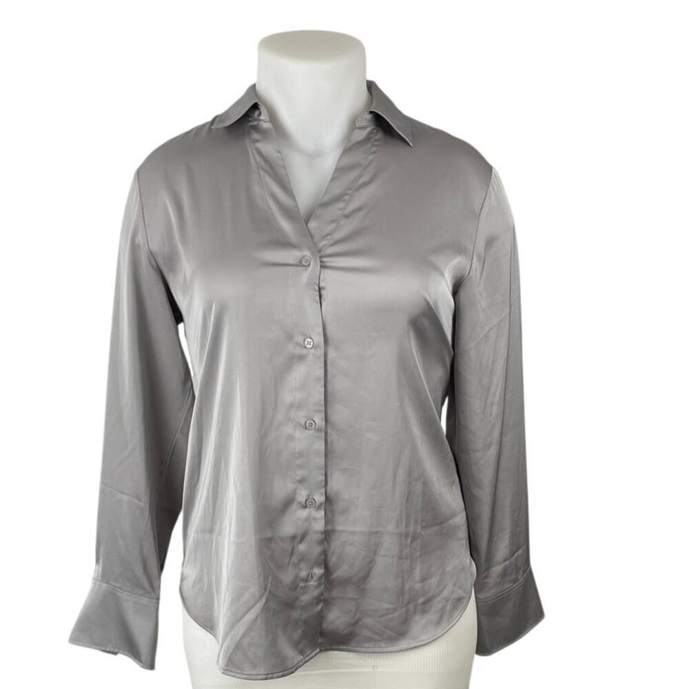 H&M Silver Gray Satin Collared Long Sleeve Office Button Down Shirt Blouse Top M